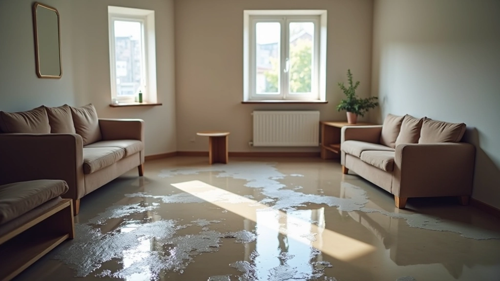Water damage to basement floor with wet drywall and furniture pushed to the side near a burst pipe section