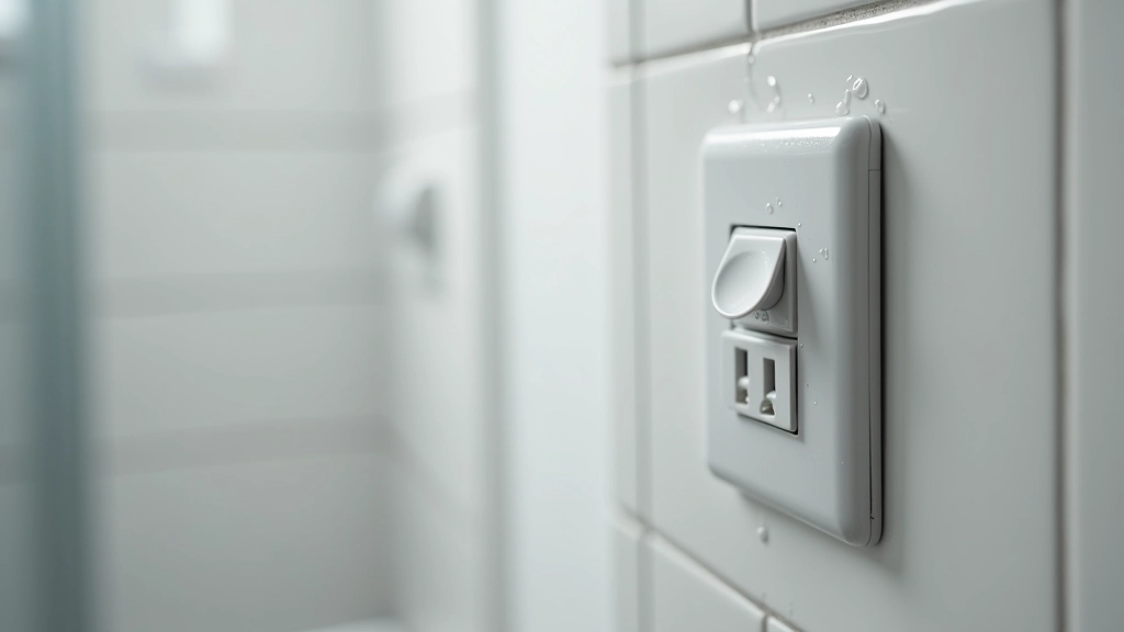 Bathroom outlet with water droplets and moisture, GFCI outlet installation in tiled wall