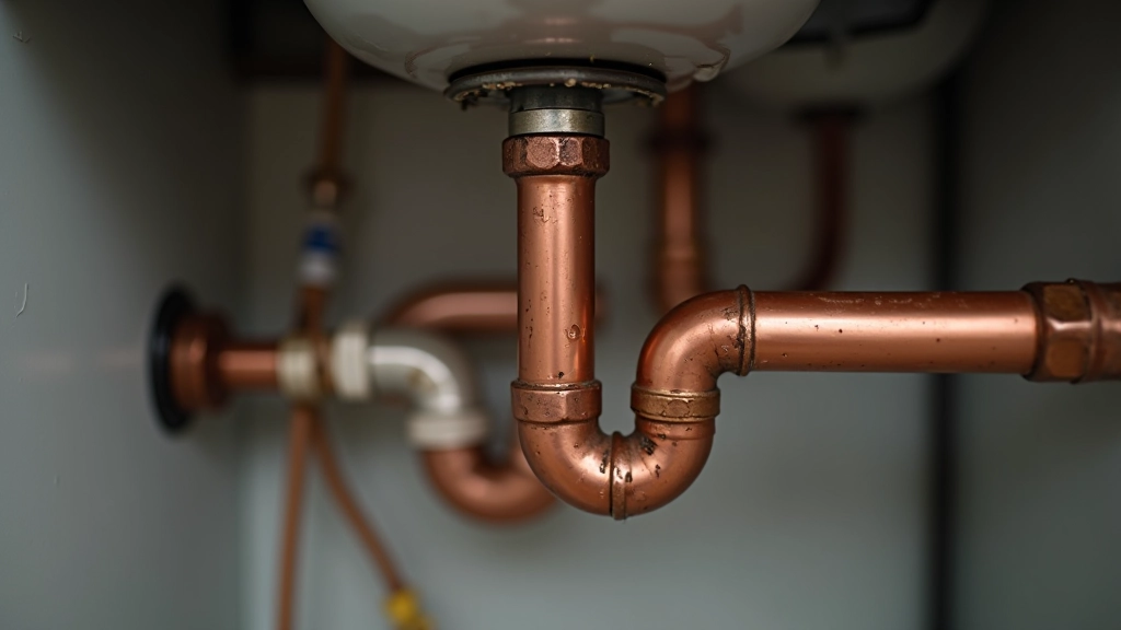 Close-up of copper water pipe under kitchen sink with water droplets, showing signs of age and mineral deposits