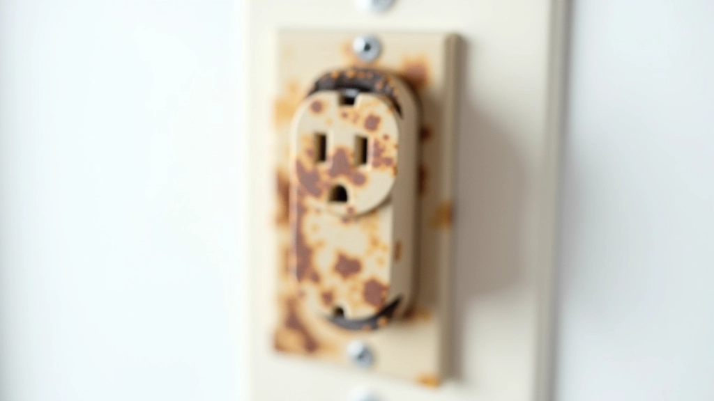 Close-up of damaged electrical outlet showing discoloration and burn marks around outlet face