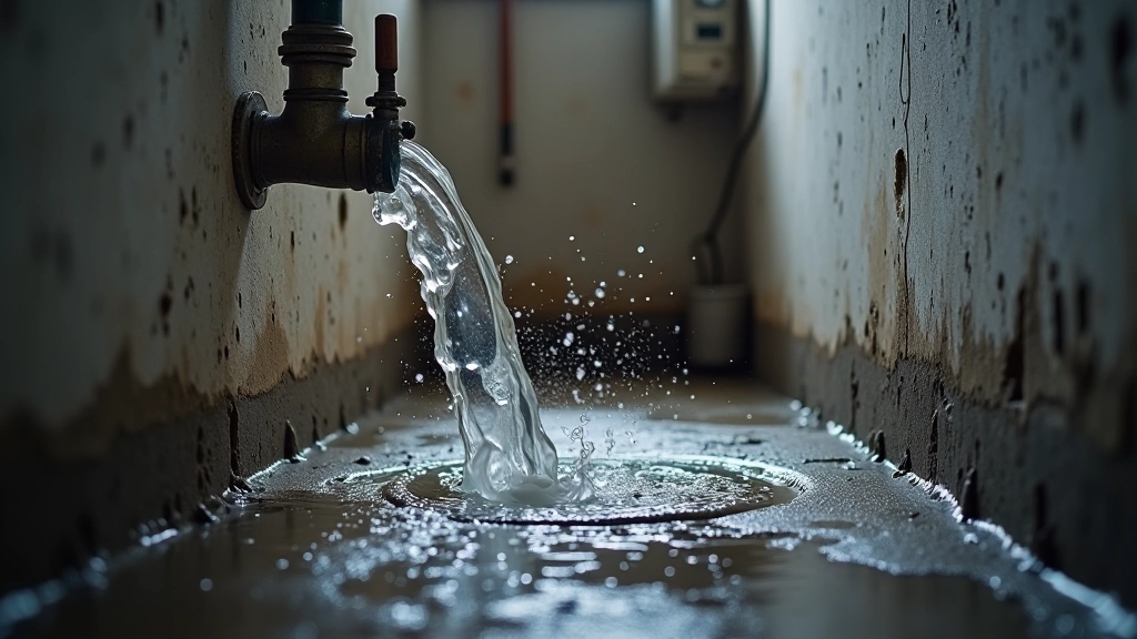 Burst water pipe with water spraying actively into basement floor