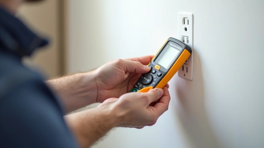 Electrician holding digital multimeter and testing residential electrical outlet