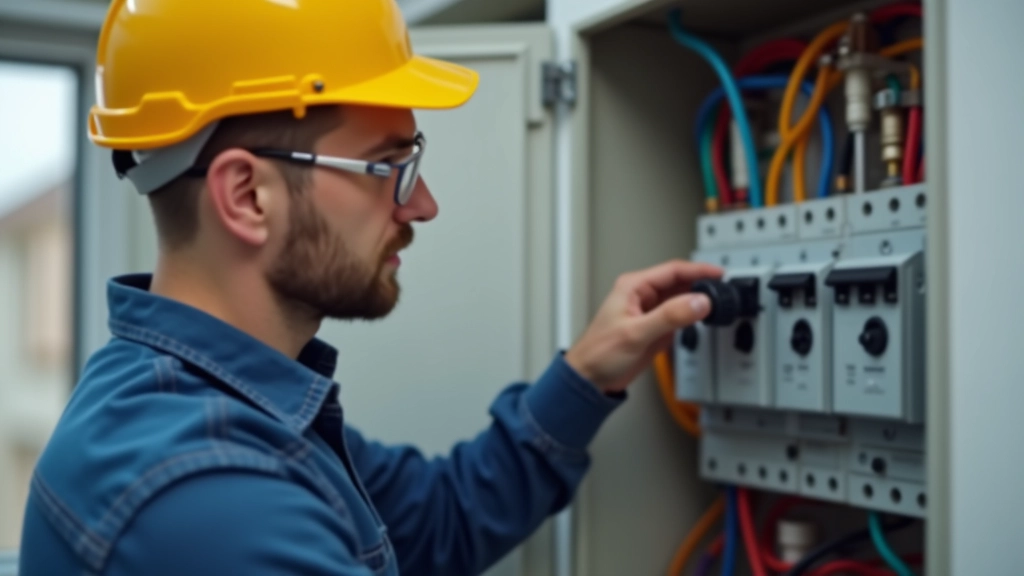 Electrician in safety glasses inspecting circuit breaker panel in basement