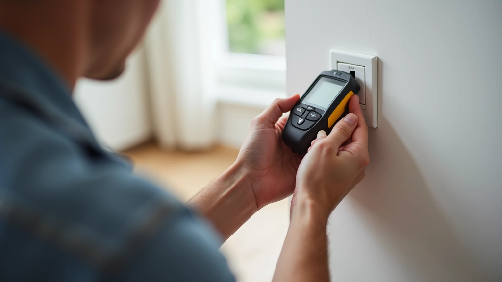 Inspector checking wall outlets with electrical testing equipment in residential home