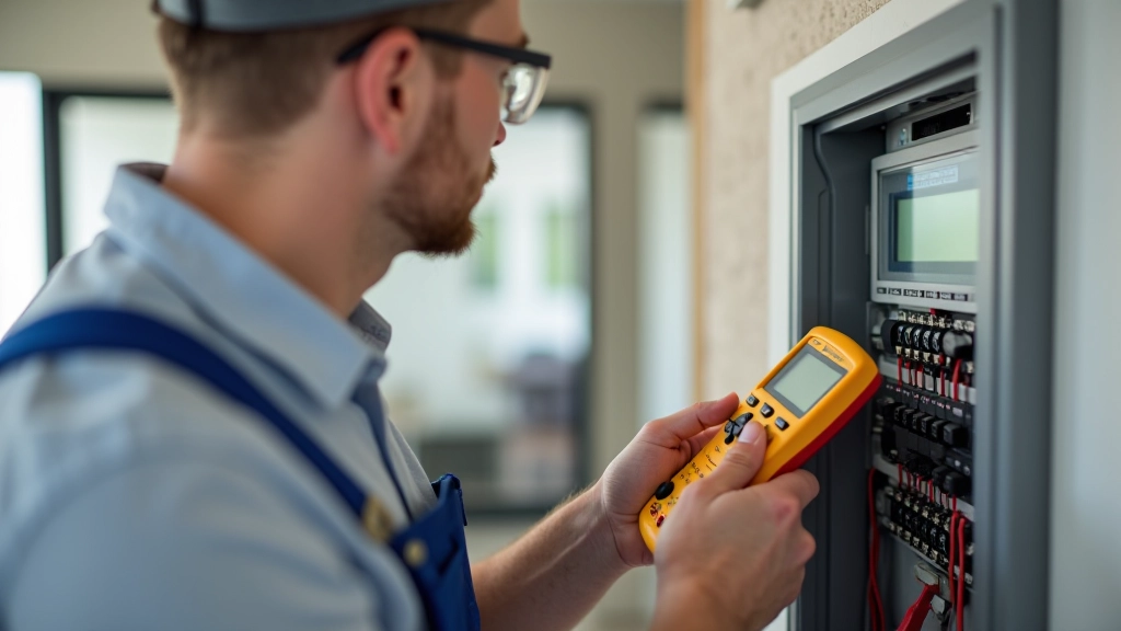 Electrician testing circuit breaker panel with digital multimeter during safety inspection