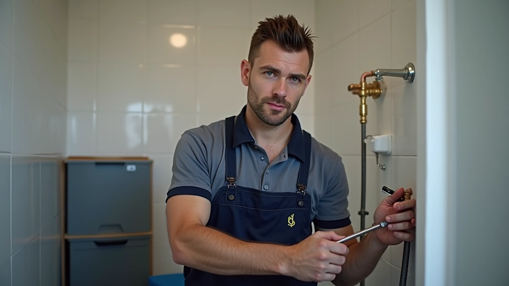 Professional plumber working on pipes