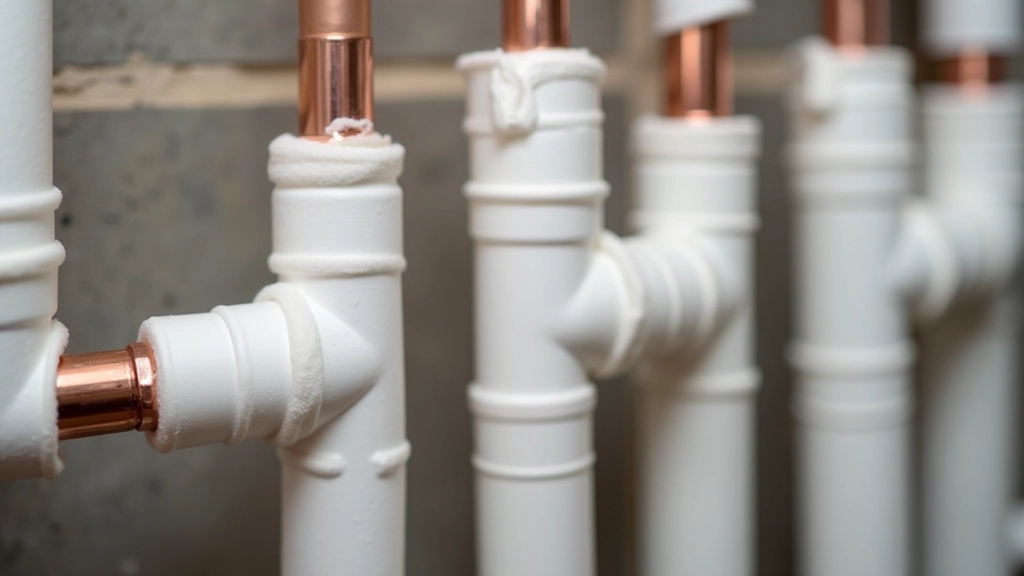 Closeup of foam pipe insulation wrapped around copper water pipes in basement showing proper winter protection