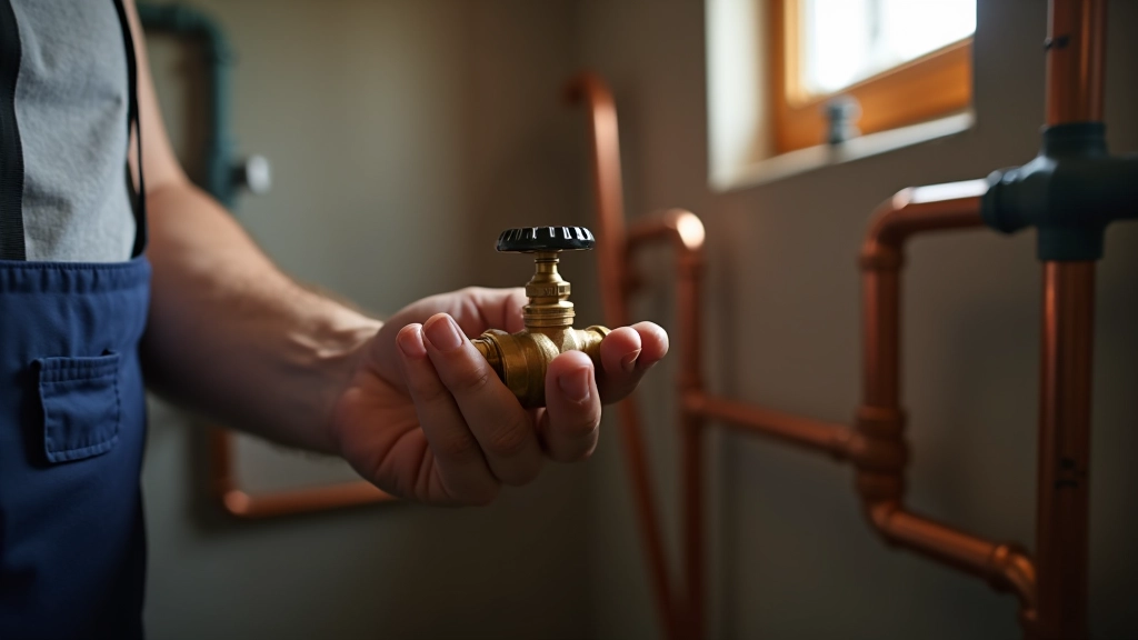Hand turning water shutoff valve clockwise in basement with concrete floor and pipes visible