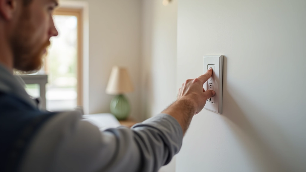 Homeowner checking electrical outlet and circuit breaker panel during home safety inspection