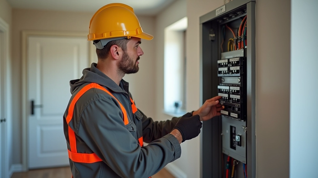 Electrician checking circuit breaker panel