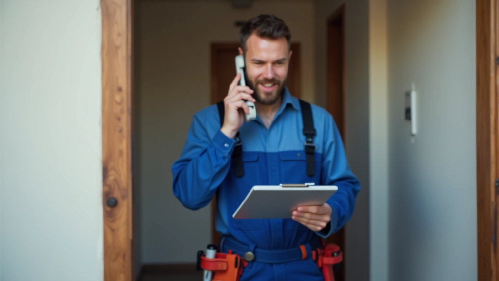 Professional plumber in work uniform holding phone and clipboard at a residential basement entrance ready for emergency call