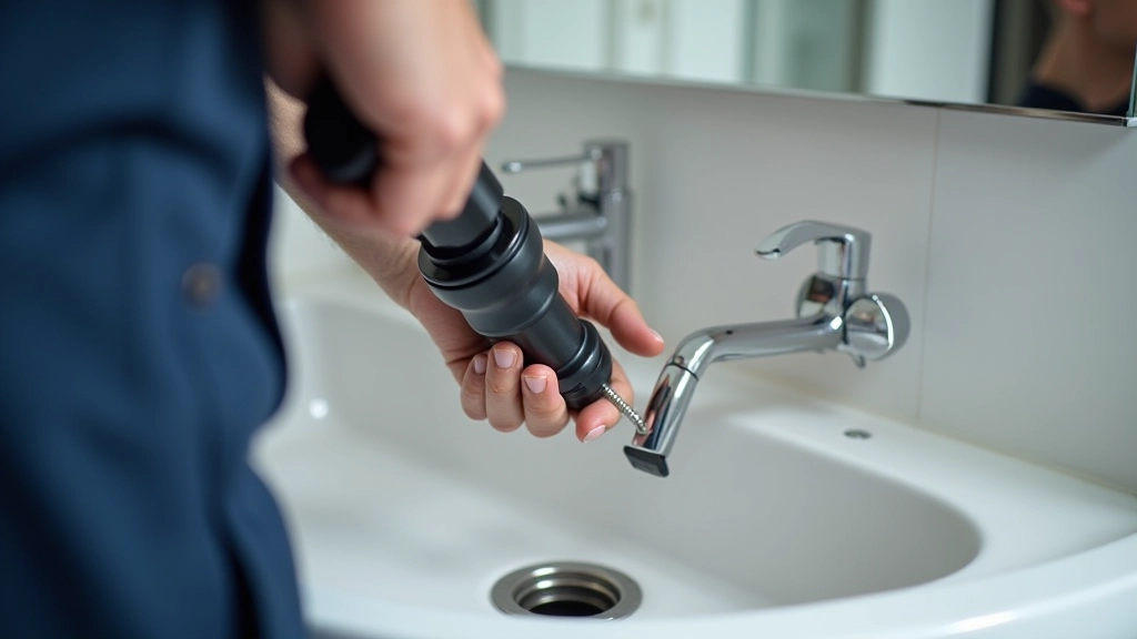Plumber's hand holding inspection camera probe over sink drain opening, showing professional diagnostic tools