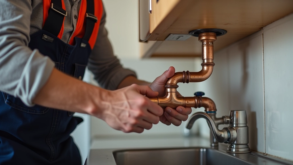 Professional plumber wearing blue work vest and tool belt in residential setting