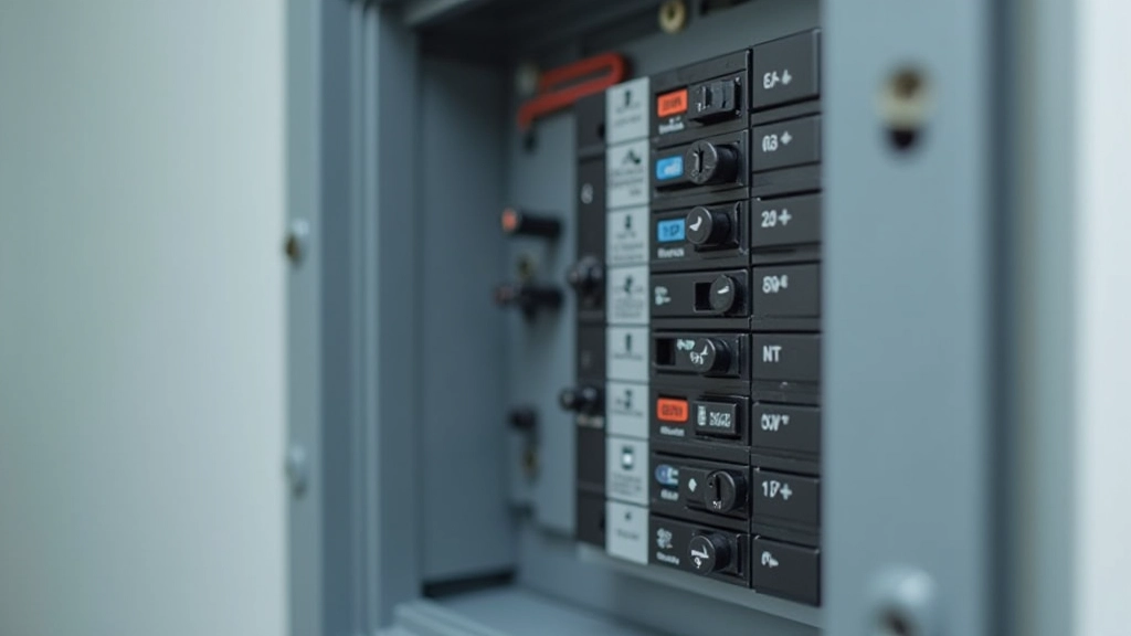 Circuit breaker panel with main breaker switch and individual breakers in residential electrical box