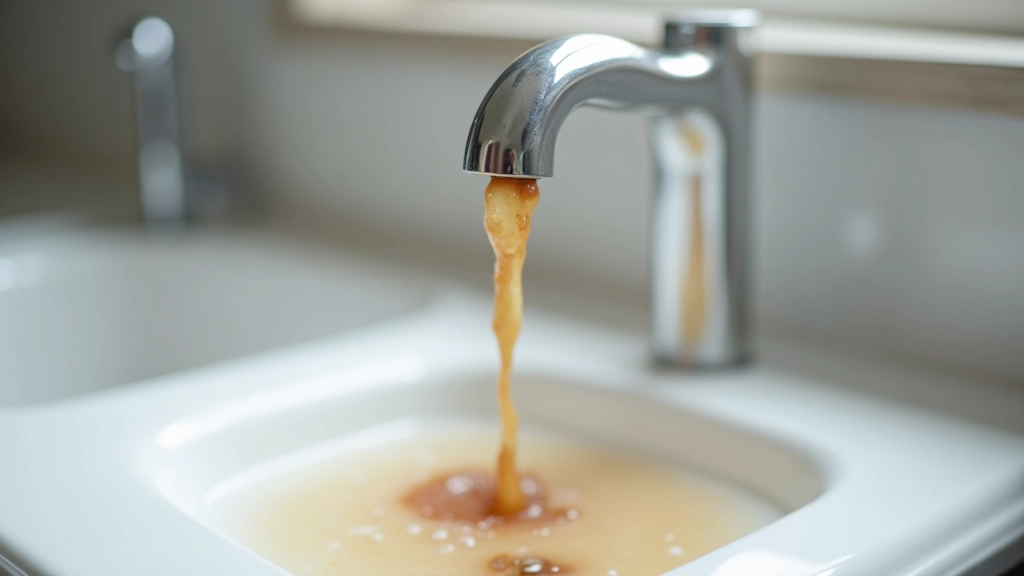 Faucet running rusty brown water into white sink, demonstrating water discoloration problem
