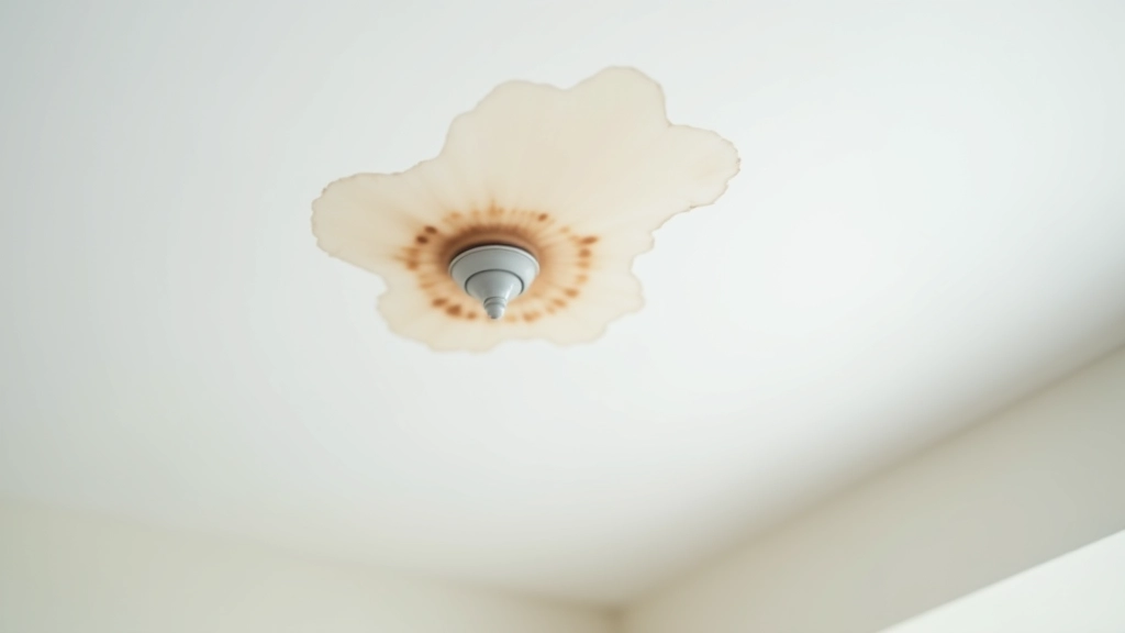 Water leak visible on ceiling with brown water stain spreading, showing active water damage in progress